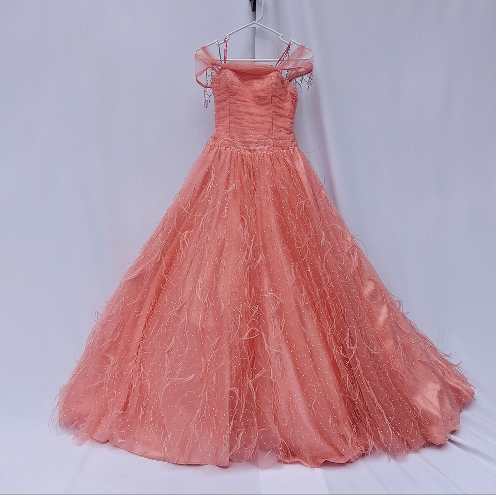 Coral / Peach Ball Gown With Ostrich Feather and Sequin Details
